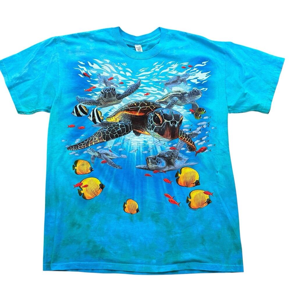 Liquid Blue Sea Turtles Aquatic Nature Blue Cotton Graphic Tee Men's Size Large